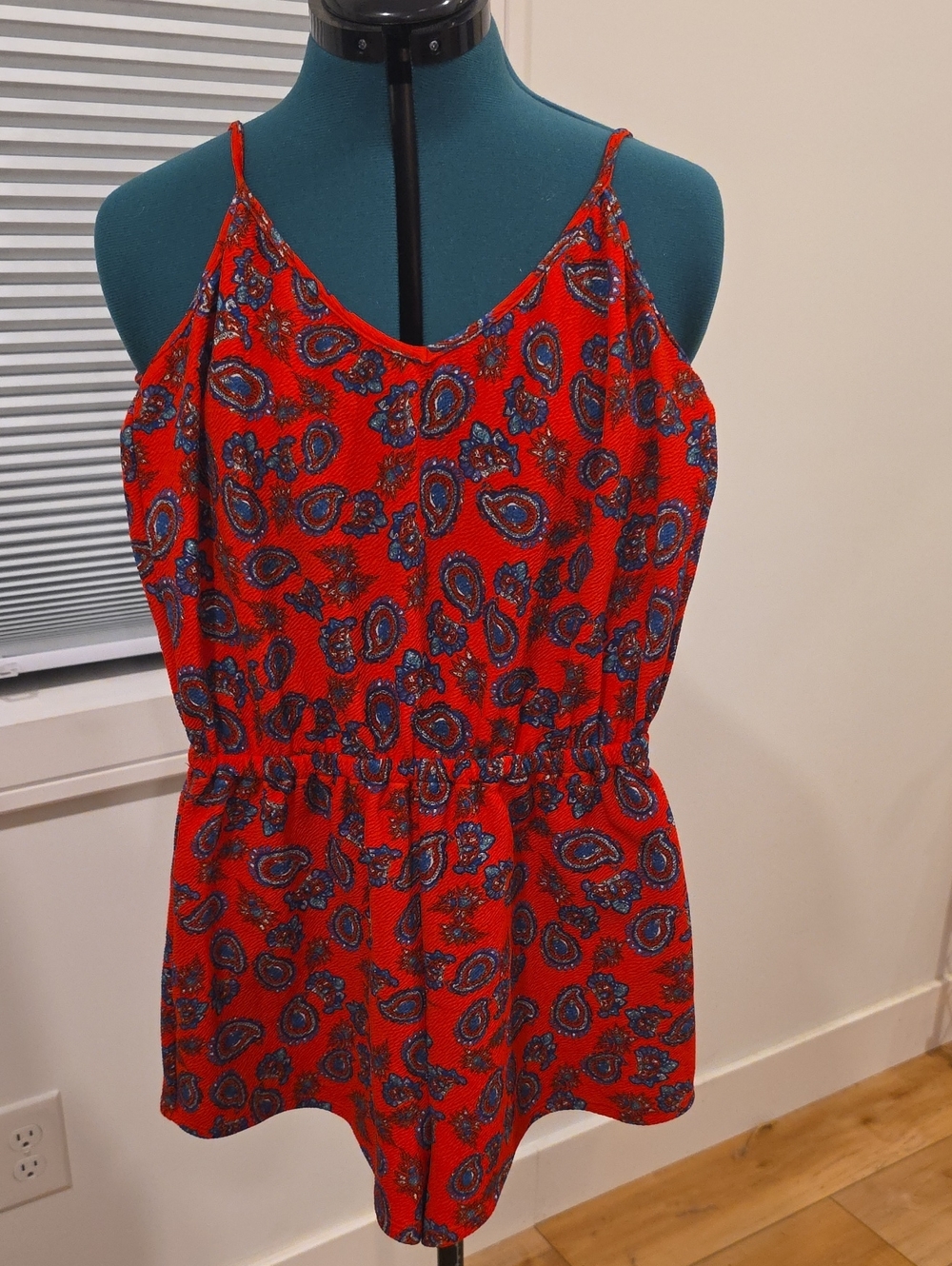 Red Paisley Spaghetti-Strap Romper